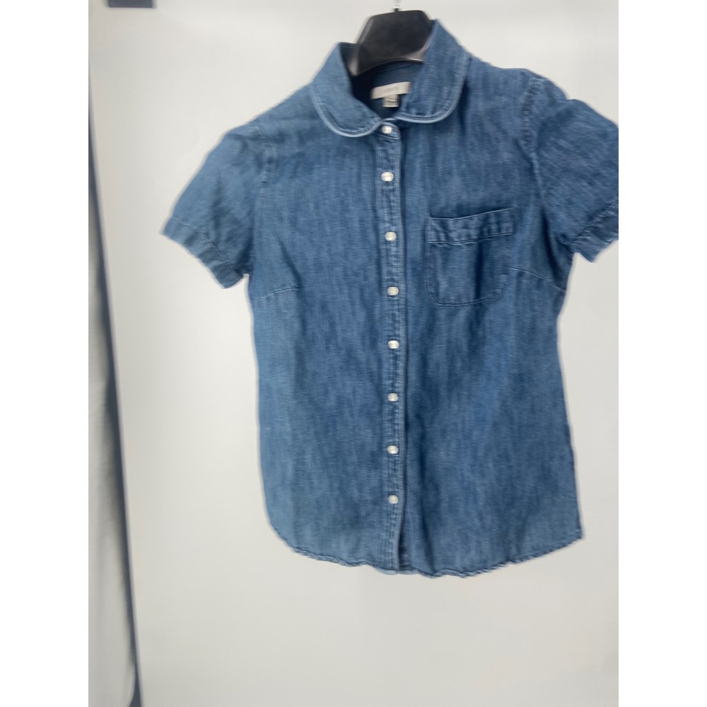 J. Crew Women's Size 2 Blue Denim Short Sleeve Chambray Linen Blend Shirt